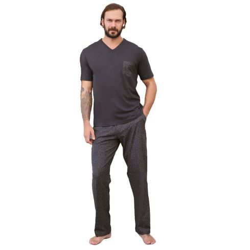 Pijama bărbați, 240323, tricou cu pantaloni lungi, 100% bumbac, Aydogan-Gri inchis-XL INTL